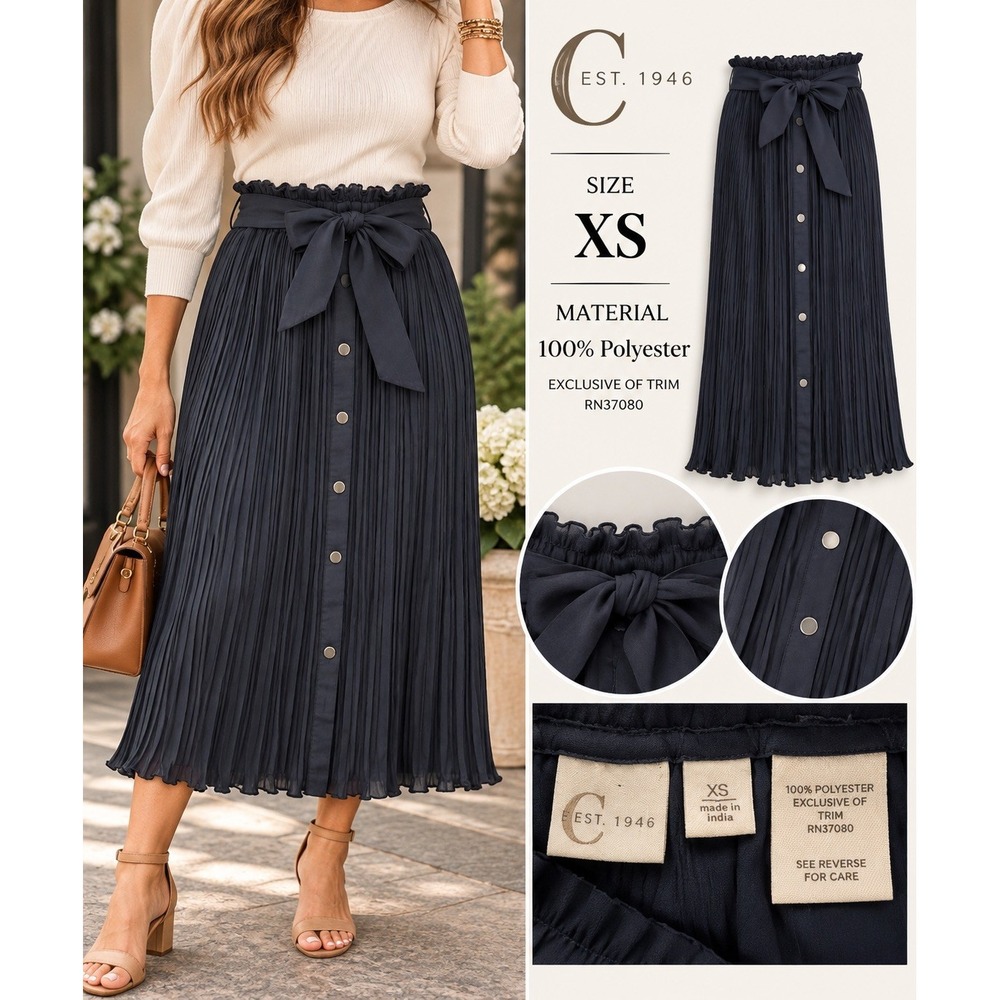 C. Est. 1946 Navy Blue Pleated Paperbag Midi Skirt Snap Front XS